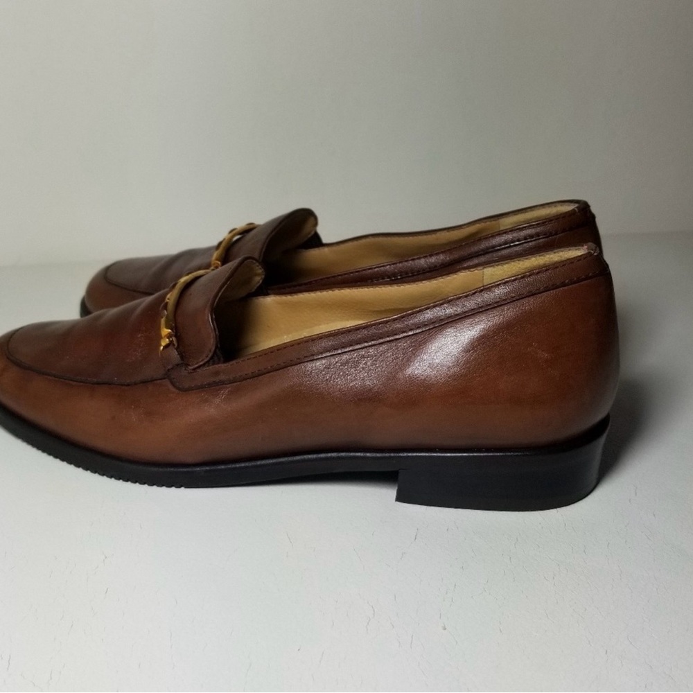 Women's Brown Leather Slip-On Loafers with Metal Bit Accent